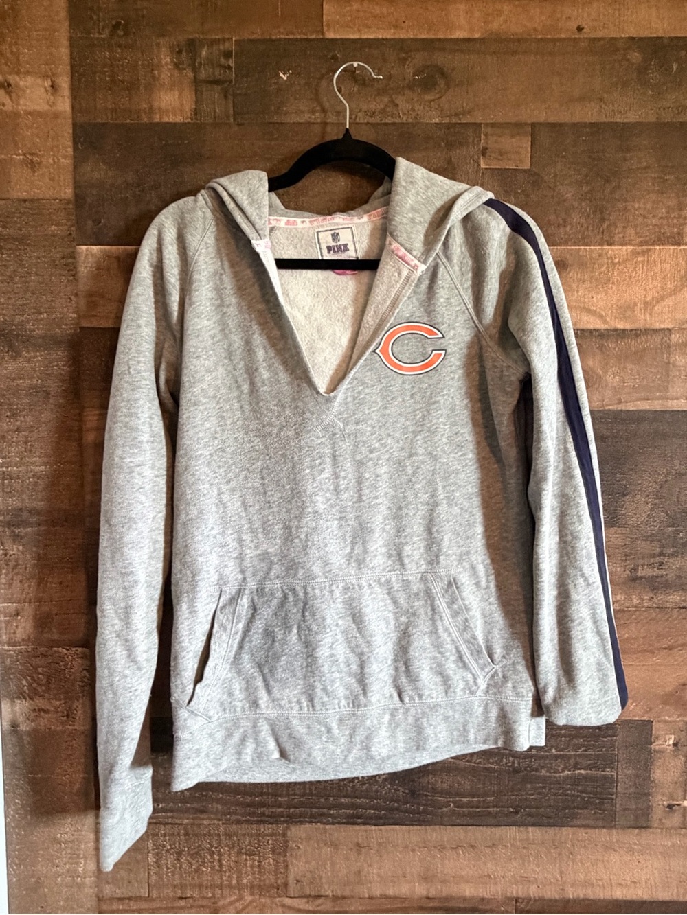 PINK Victoria's Secret Gray Chicago Bears V-Neck Hoodie with Navy Stripe